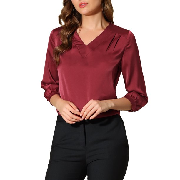 Blusas de oficina casuales para mujeres INSPIRE CHIC de manga 3/4, cuello en V, camisa de satén XS color burdeos