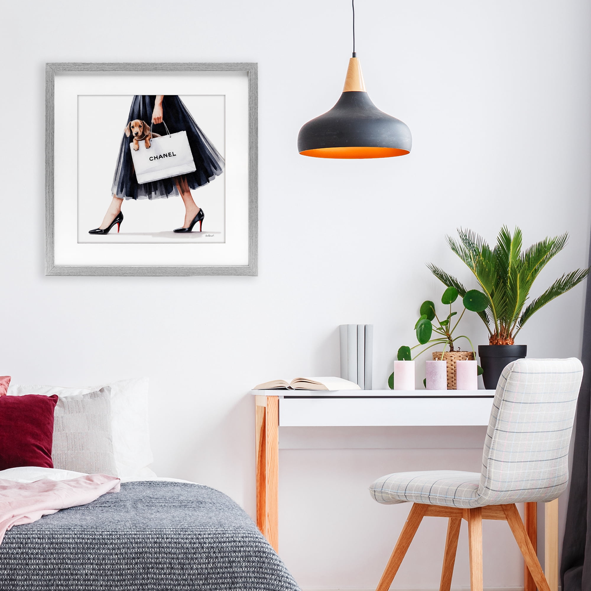 Stupell Industries Elegant Dog & Shopping Bag Gray Framed Print Under Glass, design by Amanda Greenwood