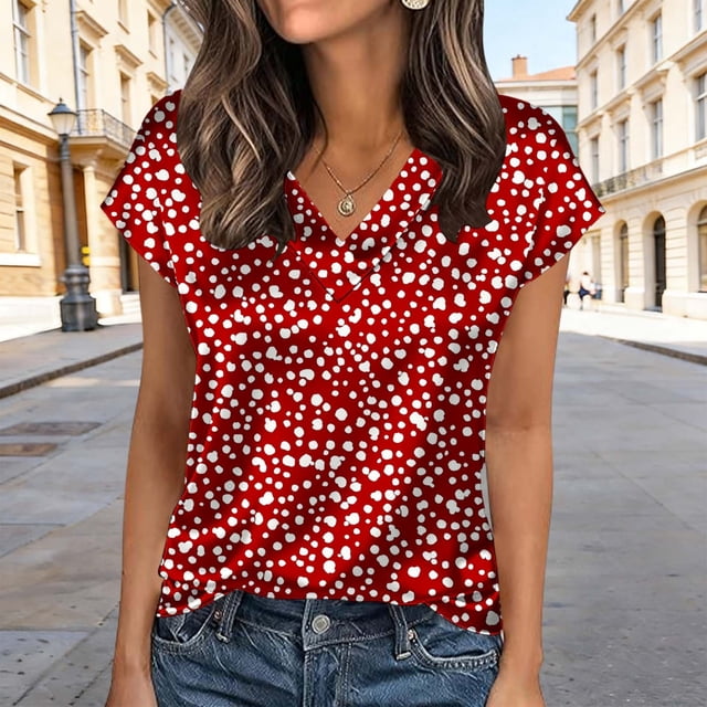 TaTaai Women's Satin V-Neck Top Short Sleeve Printed Pullover Loose Fit Shiny Elegant Casual Summer Blouse Shirt Date Night Daily Gift