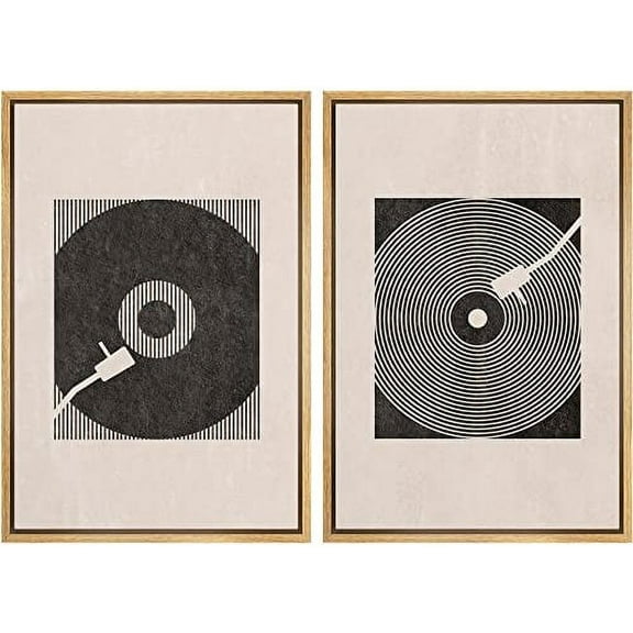 IDEA4WALL Framed Canvas Print Wall Art Set Mid-Century Geometric Music Record Player Illustrations Vintage Art Minimalism Retro Wall Decor for Living Room, Bedroom, Office - Natural 24"x36"x2
