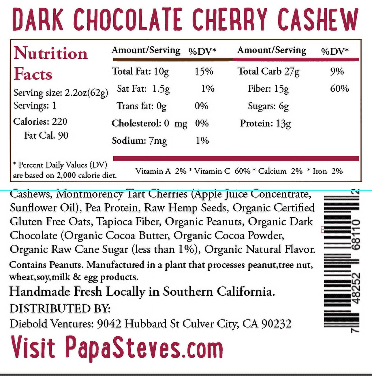 Papa Steve's No Junk Raw Vegan Protein Bars: Non GMO, Gluten Free, 100% Natural, Hand-Made Weekly - Dark Chocolate Cherry Cashew (Pack of 10) - image 2 of 4