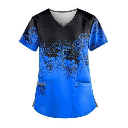 

TKing Fashion Independence Day Women Plus Size Scrubs Top V-Neck Short Sleeve Printed Pockets Work Blouse for Women Blue 2XL