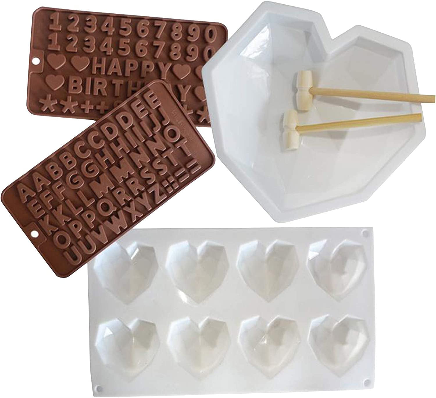 6 Pieces Diamond Heart Love Mousse Cake Mold Silicone Letter and Number Chocolate Mold with Wooden Hammers and Droppers for Home Kitchen DIY Baking Tools 6Pcs