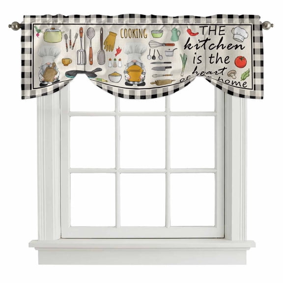 Kitchenware Gnomes Tie Up Valance Curtains for Windows, Kitchen Curtains Window Treatments, Kitchen Cooking Tool Retro Plaid Short Window Shades Valances for Bedroom Bathroom Cafe 42"x18"