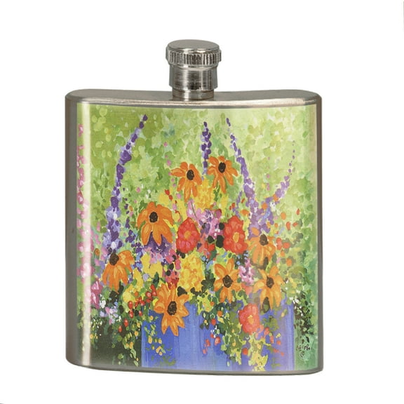 KuzmarK 6 oz. Stainless Steel Pocket Hip Liquor Flask - Summer Flowers in Blue Pot Art by Denise Every