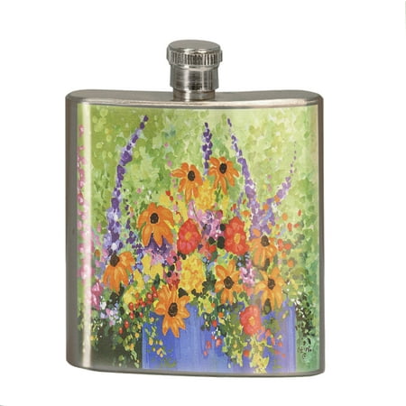 

KuzmarK 6 oz. Stainless Steel Pocket Hip Liquor Flask - Summer Flowers in Blue Pot Art by Denise Every