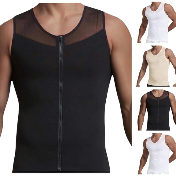 FRSASU Men Shapewear Slimming Body Shaper Compression Shirt Tank Top with Zipper Underwear for Tummy Control White