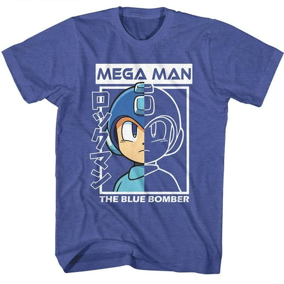 Mega Man Half Color Half Outline Royal Heather Adult T-Shirt