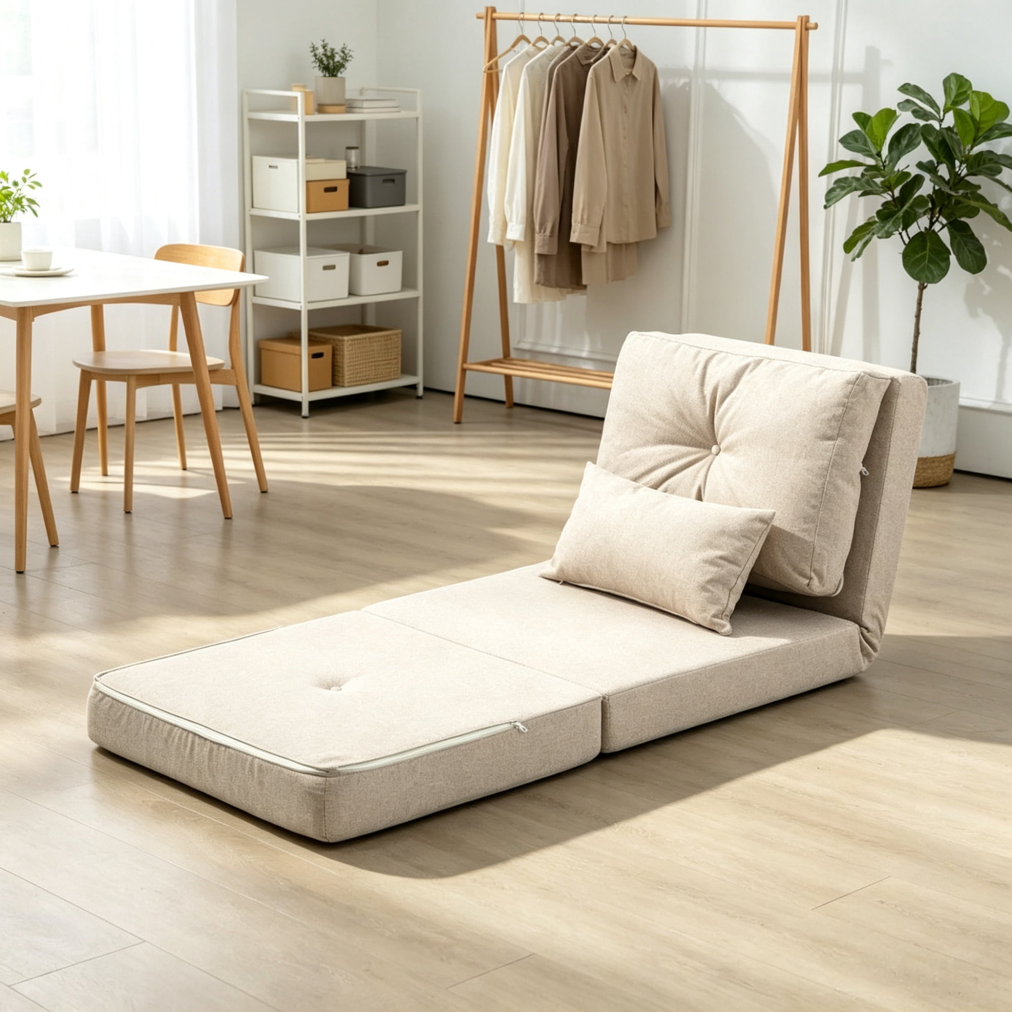 Beige Convertible Floor Sofa Bed, No Assembly Required Folding Upholstered Couch, Adjustable Backrest Floor Chair