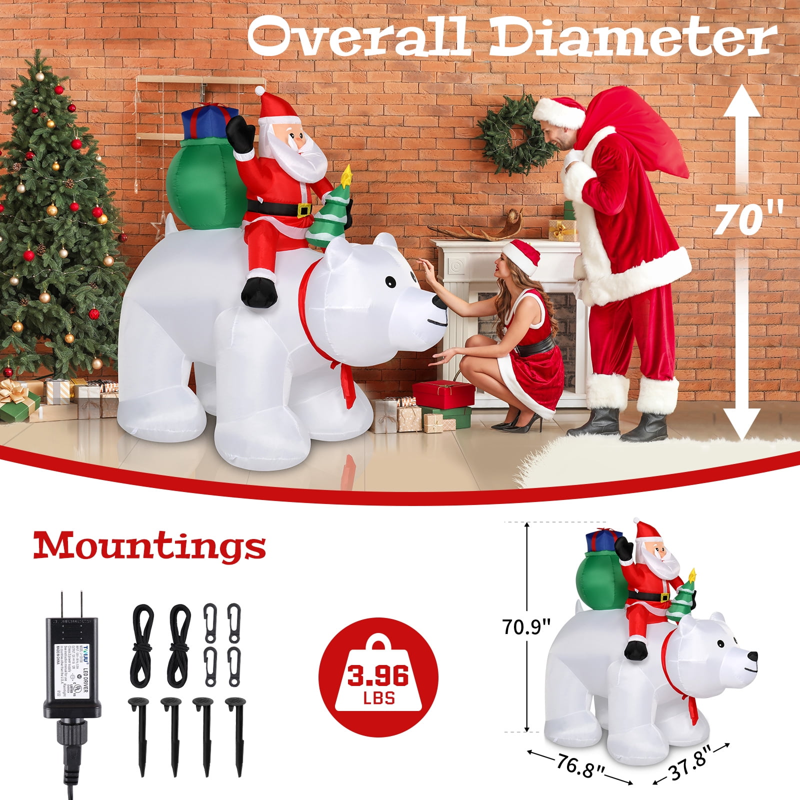 Astoutdoor 6 ft Santa Claus Rides Polar Bear Holiday Decoration with 7 LED Lights, Polyester