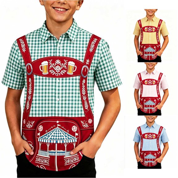 Rhuody Teen Tops For Boy Short Sleeve Cartoon Pattern O Neck Blouse 13-14 Years Green