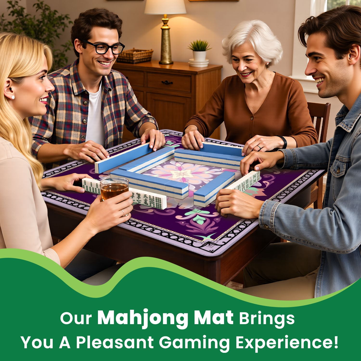 Mahjong Mat 31.5" x 31.5" Ornamental Floral Mandala Purple Pink Pastel Accents Non-Slip Noise Reduction American Mahjong Tiles Table Cover for Dominoes Poker Card Board Games Gift