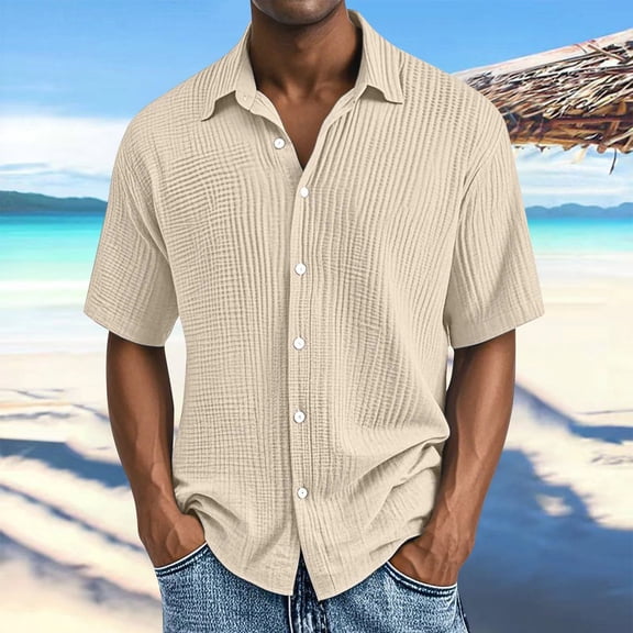 Men's Short Sleeve Button Down Shirt, Cotton Solid Color Textured Pleated Casual Shirt, Lightweight Loose Fit Beach Vacation Top for Men, Double Layer Crinkle Shirt Beige L