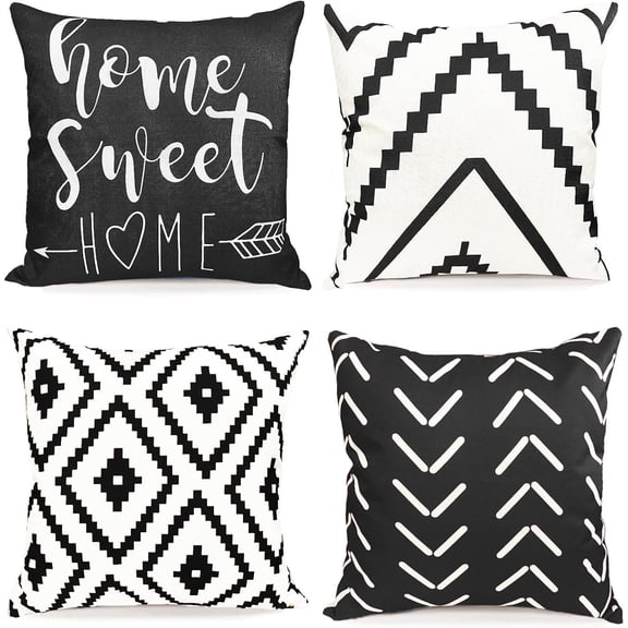 Decorative Throw Pillow Covers Set of 4 Black White Pillow Covers 20x20 inchThrow Pillow Cases Linen Pillow Case,Modern Farmhouse Outdoor Pillow Covers for Couch Sofa Living Room Bed Car