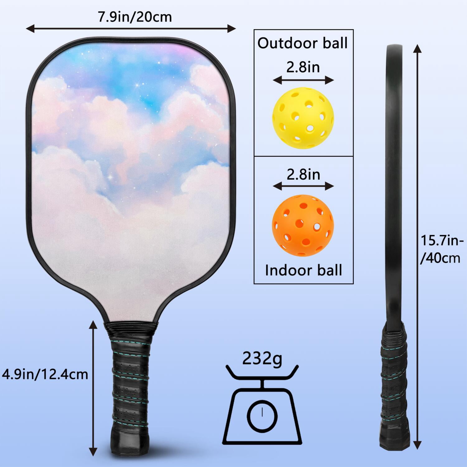 Pickleball Paddles Set Of 2, Fiberglass Surface, Dreamy Cloud Print, 4 Balls & Bag
