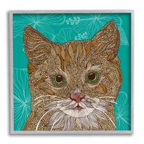 Stupell Industries Cat Portrait Hibiscus Botanicals Abstract Fractal Designs Graphic Art Gray Framed Art Print Wall Art, Design by Valentina Harper