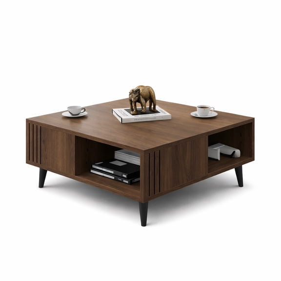 Ronas 35" Modern Square Coffee Table with Open Storage Shelf, Solid Wood Legs, Quality Engineered Wood, Walnut Finish