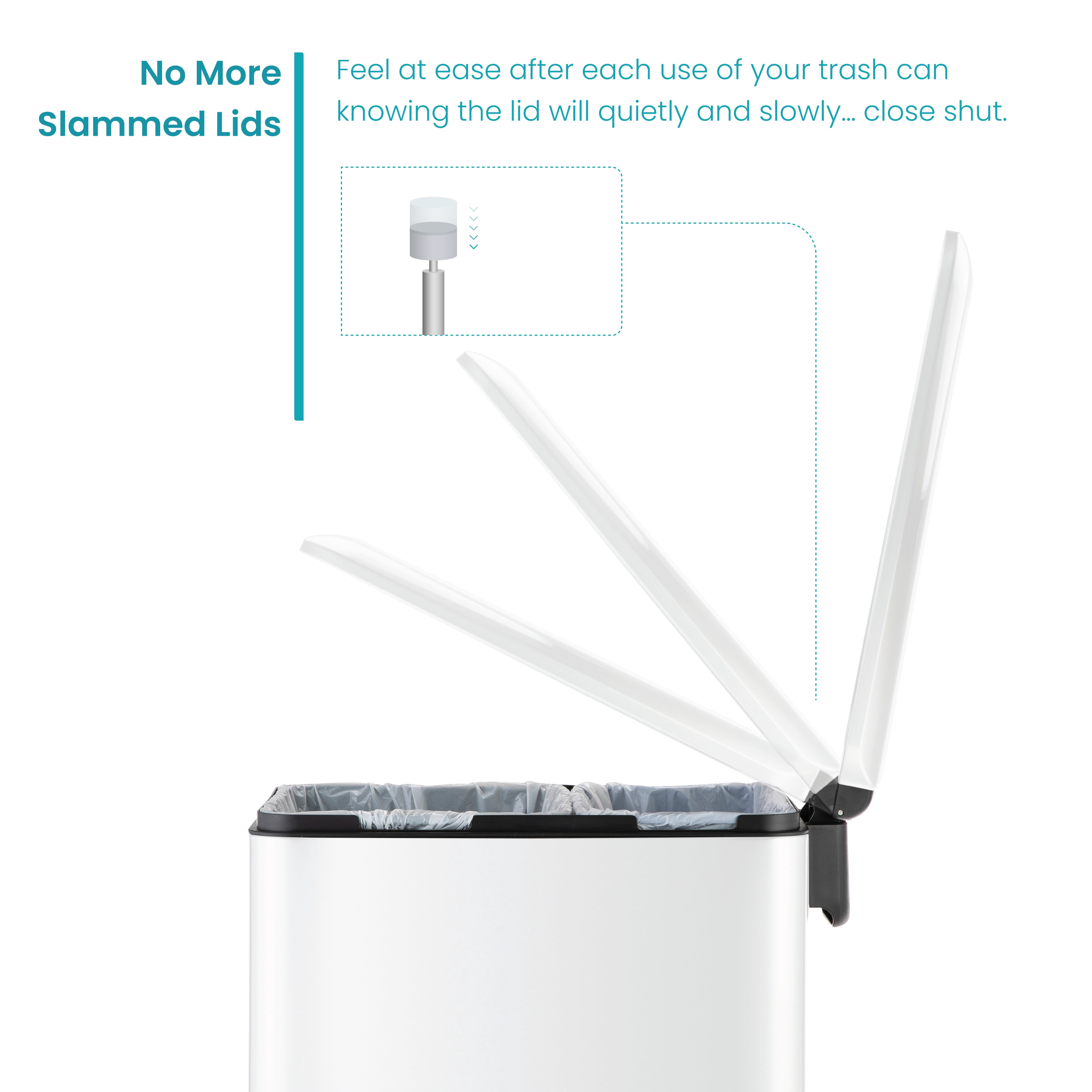 Home Zone Living 13 Gallon Slim Dual Compartment Kitchen Trash Can with Step Pedal and Soft-Close Lid, Stainless Steel, White
