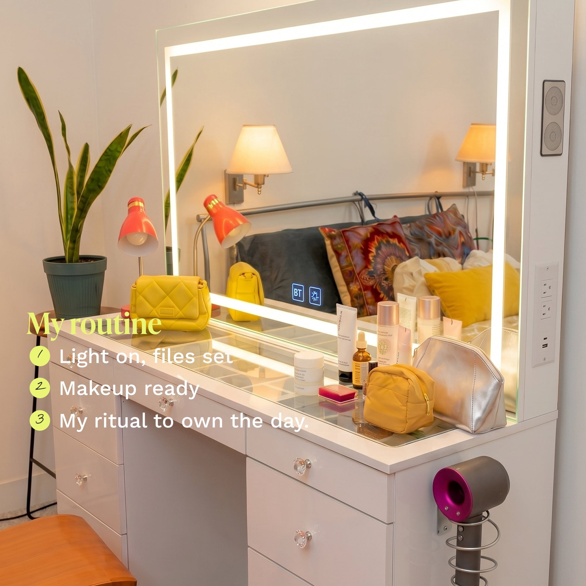 Boahaus Elara Extra Large Vanity Desk with Mirror and Lights – 11 Drawer Makeup Vanity Table with Storage, Power Outlet and Built-In Speakers