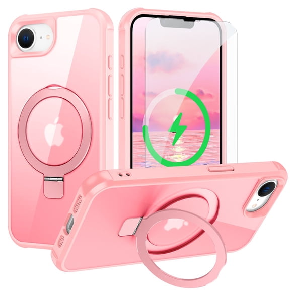 Dteck for iPhone 16e Case with Screen Protector, Magnetic for iPhone 16E Phone Case Compatible with MagSafe, Military Grade Drop Tested Translucent Hard Back Protective Cover with Ring Stand,Pink