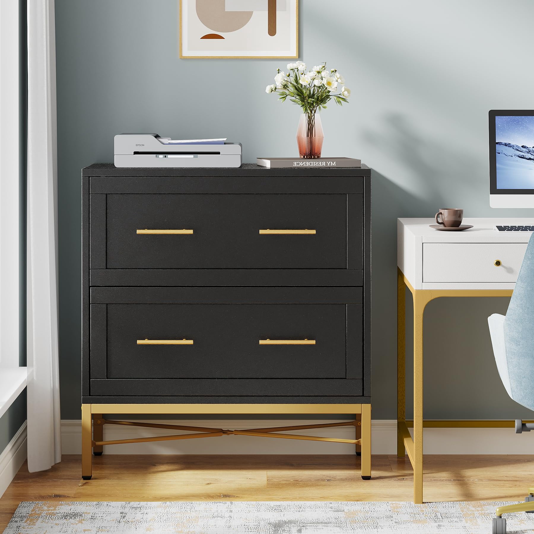 Tribesigns 2 Drawer File Cabinet, Modern Lateral Filing Cabinet for Letter/Legal/A4, Large Printer Cabinets,Black, Gold and Brown