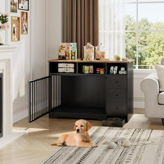 Acekid Dog Crate Furniture for Medium Small Dogs, Wooden Dog Kennel Indoor with Storage Shelves, 3 Drawers & Hidden Bowl, Modern Pet Cage Side End Table, up to 120 lb, 48" L