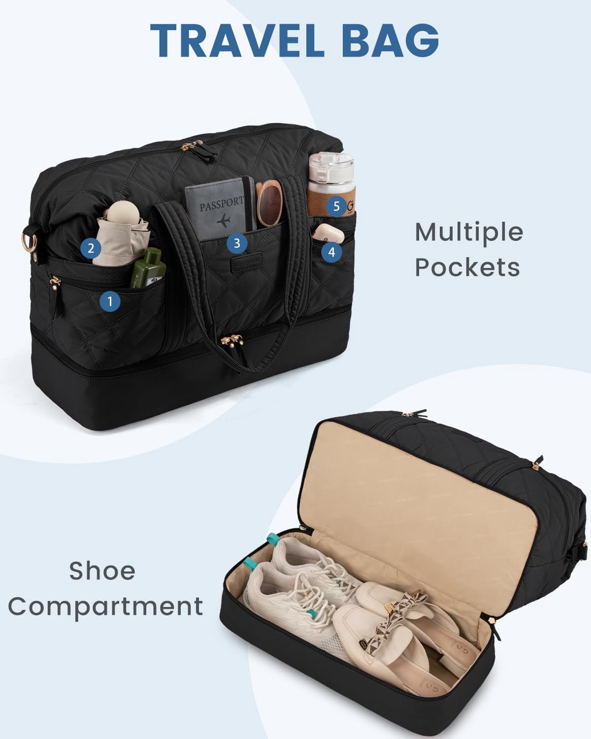 LOVEVOOK Travel Duffle Bag, Lightweight Weekender Bags for Women with Shoe Compartment, Puffer Gym Bag Personal Item Travel Bag, Quilted Overnight Bags and Hospital Bag for Labor and Delivery