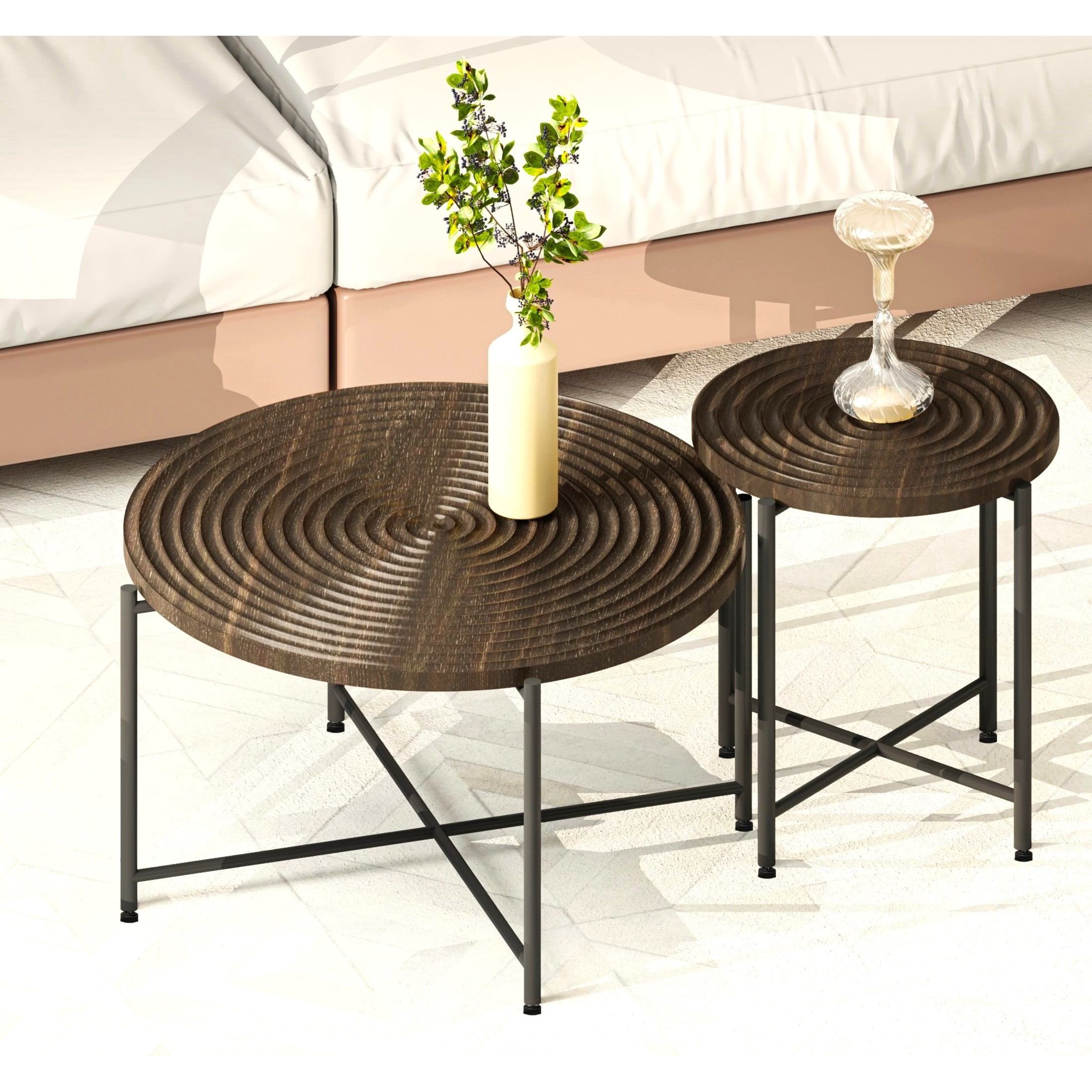 GDF Studio 2-Piece Coffee and End Table Set with Radial Ring Pattern Tabletops, Black Metal Legs, Walnut Brown