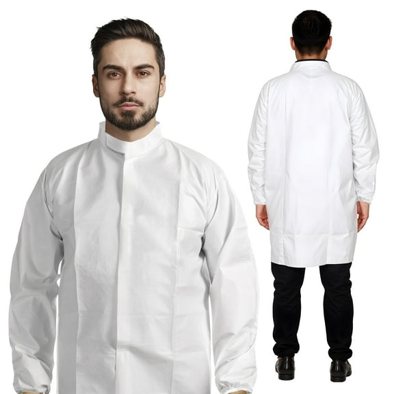 White Disposable Lab Coats, Medium. Pack of 10 Lightweight Microporous Disposable Lab Coats with Sleeves, Zipper Front, Storm Flap, Mandarin Collar
