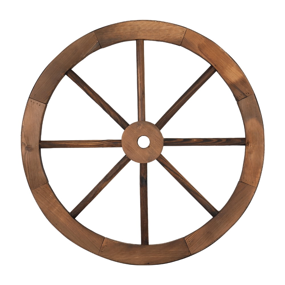 2-Pack 24 Inch Brown Fir Wood Wagon Wheel, Rustic Western Style Decorative Wheel with Sturdy Spokes, No Assembly Carbonized Wood Wheel for Indoor Outdoor Yard Patio Studio Bar Decor