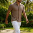 thumbnail image 3 of Men's Short Sleeve Knit Button-Down Shirt, Textured Cable Knit Polo Collar Casual Summer Shirt, 3 of 12