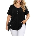 thumbnail image 3 of Tqcoqu Women's Plus Size V Neck Button Henley T-Shirts,Heathered Cotton Short Sleeve Casual Tunic Tops,Black Women's L-XXXXXL, 3 of 10