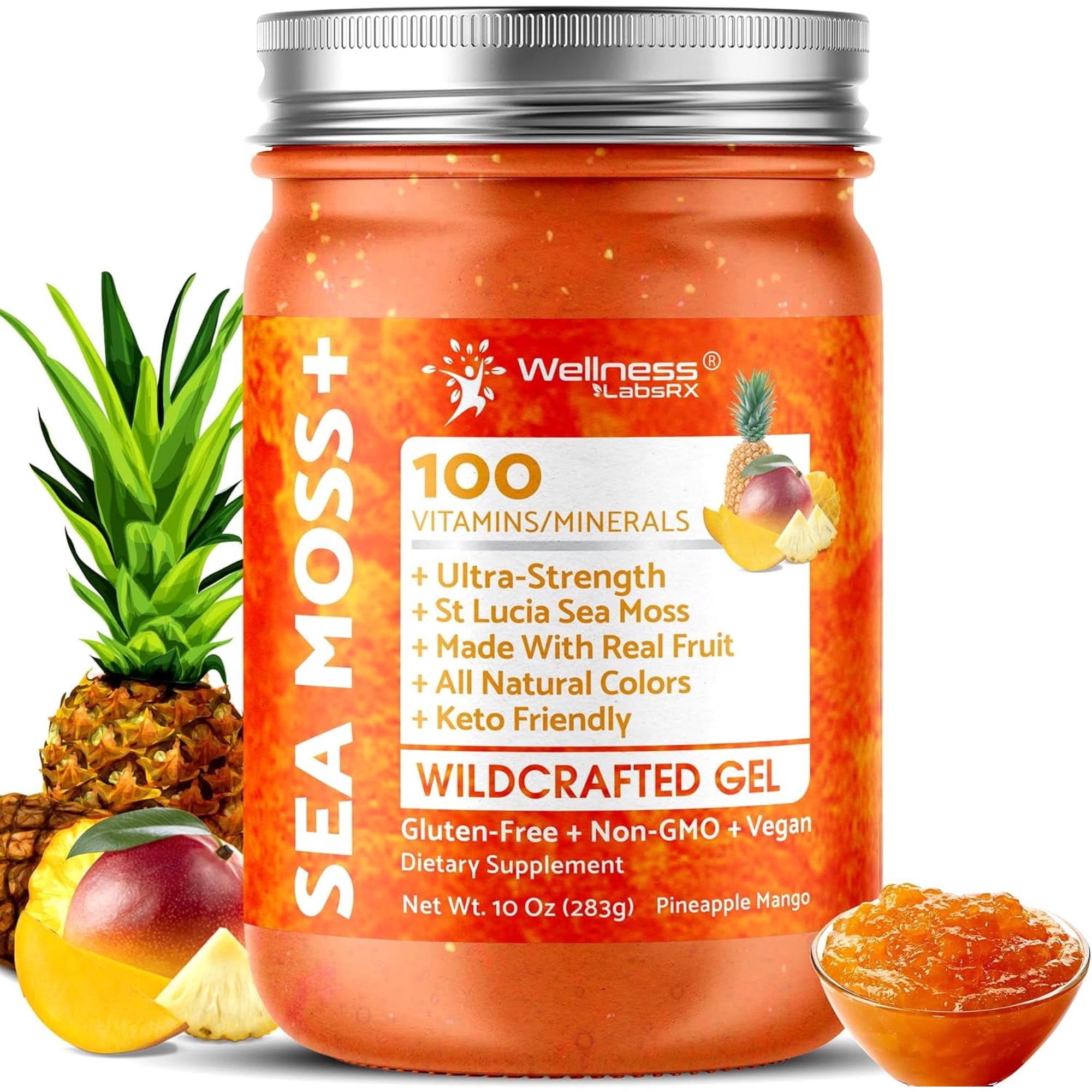WELLNESS LABSRX Irish Sea Moss Gel - Wildcrafted Raw Seamoss Gel for Immune Support, Healthy Digestion - Pineapple Mango Flavor