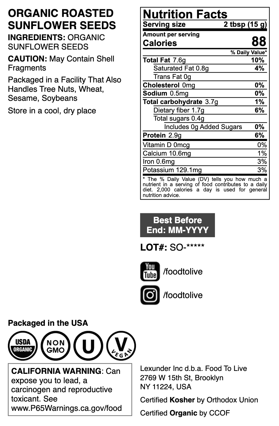 Organic Roasted Sunflower Seeds, 8 Pounds — Non-GMO, Kosher, Vegan — by Food to Live