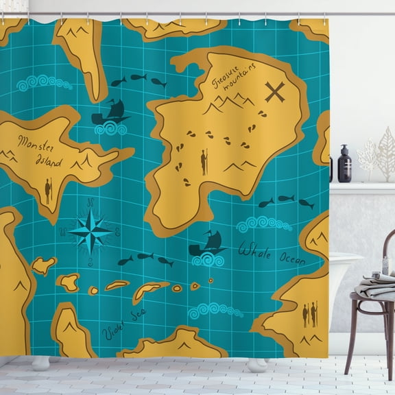 Ambesonne Map Shower Curtain, Cartoon Adventure Boats, 69"Wx75"L, Orange Blue
