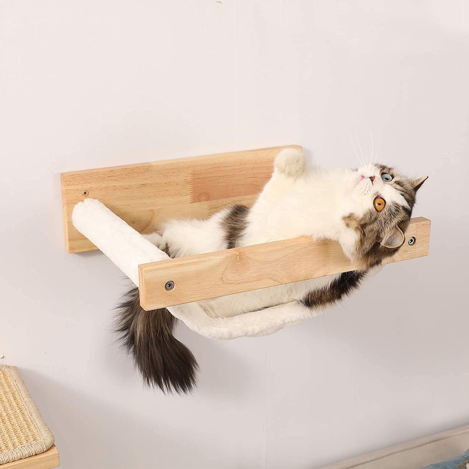 Wooden Cat Wall Perch with 16''L×14''W Scratching Mat Heavy Duty Wall Hanging Safety Cat Shelf for Kitty Sleeping Playing Lounging White Plush Mat Wall Mounted Cat Hammock Holds up to 22 Lbs 