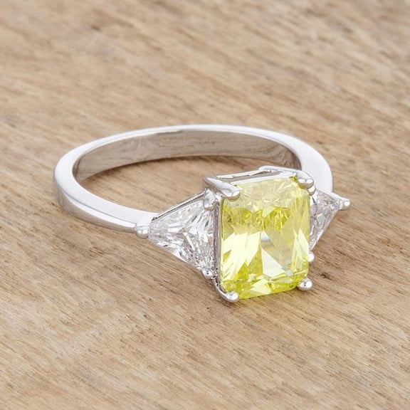 Classic Peridot Rhodium Engagement Ring, Clear & Green - Size 9