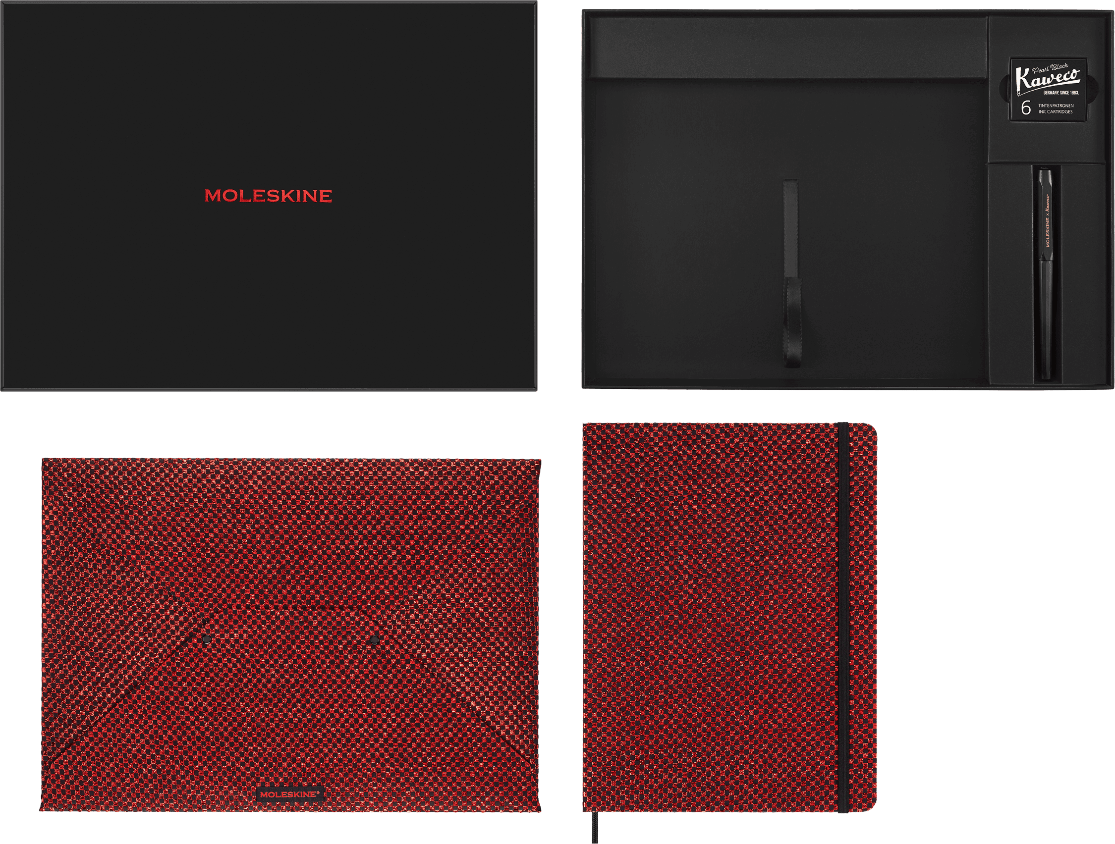 Moleskine Limited Edition Holiday Shine Collector's Box, Hard Cover, XL (7.5" x 8.75"), contains XL Metallic Red Ruled Notebook, Metallic Red Envelope, and Kaweco Fountain Pen in Black, 176 Pages