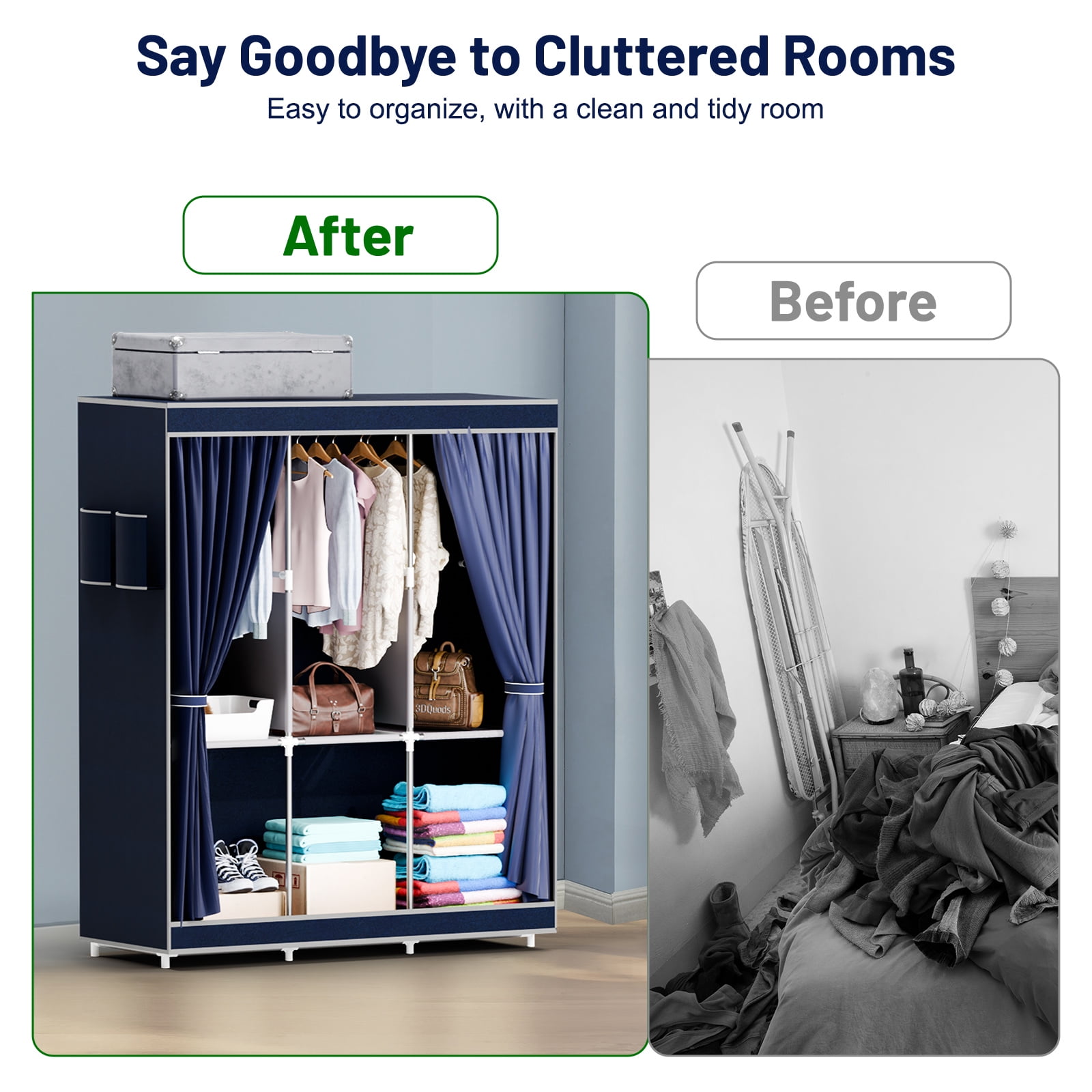 Portable Closet Organizer with Cover, Non-woven Fabric Clothing Rack Shelf, Dustproof Wardrobe Closet Storage, Navy Blue