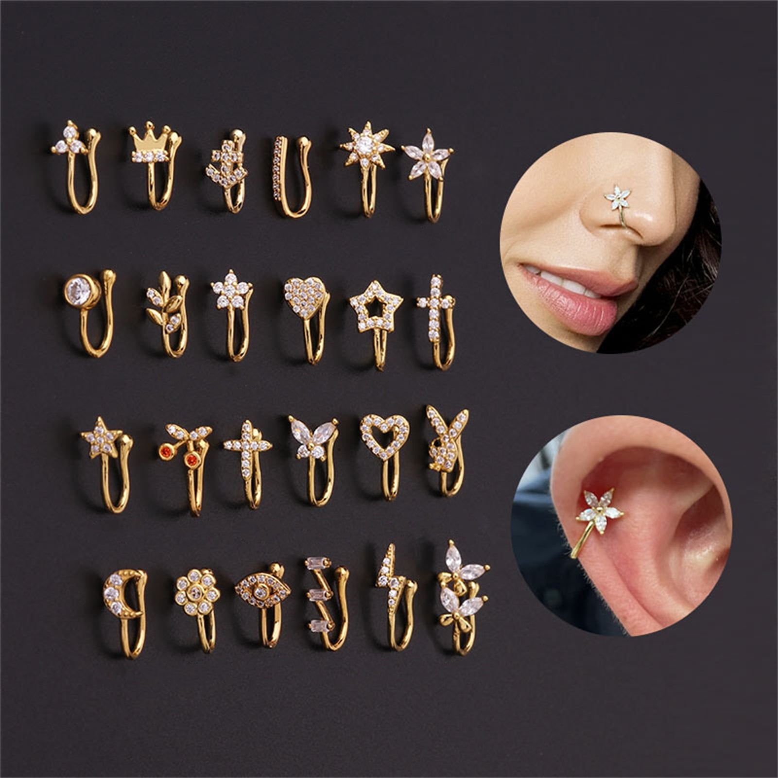 Koszal Nose Piercing Clip Eye catching U Shape Copper Cubic Zirconia Multi style Shiny Ear Cuffs Nose Stud for Daily Wear
