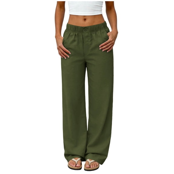 PWPSG Women's Elastic Waist Button Decor Draped Wide Leg Pants, Breathable Comfort Trousers for Daily Commute & Office Casual Outfits Green L