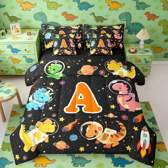 Erosebridal Dino Astronaut Twin Bedding Sets for Kids Boys, Monogrammed Initial A Bedding Comforter Set