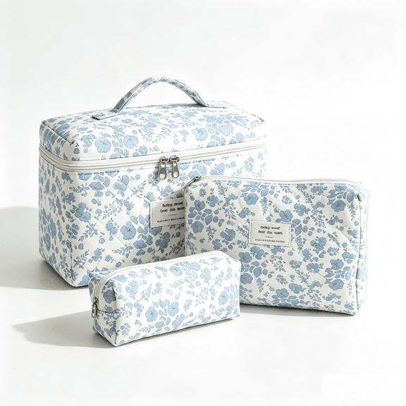 Large Floral Cotton Quilted Makeup & Cosmetic Travel Bag