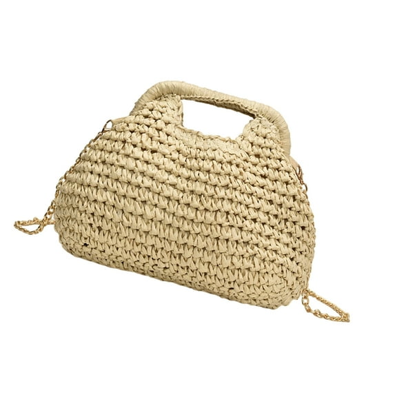 Women's Straw Bag Casual Shoulder Bag with Chain Strap Fashionable Beach Bag