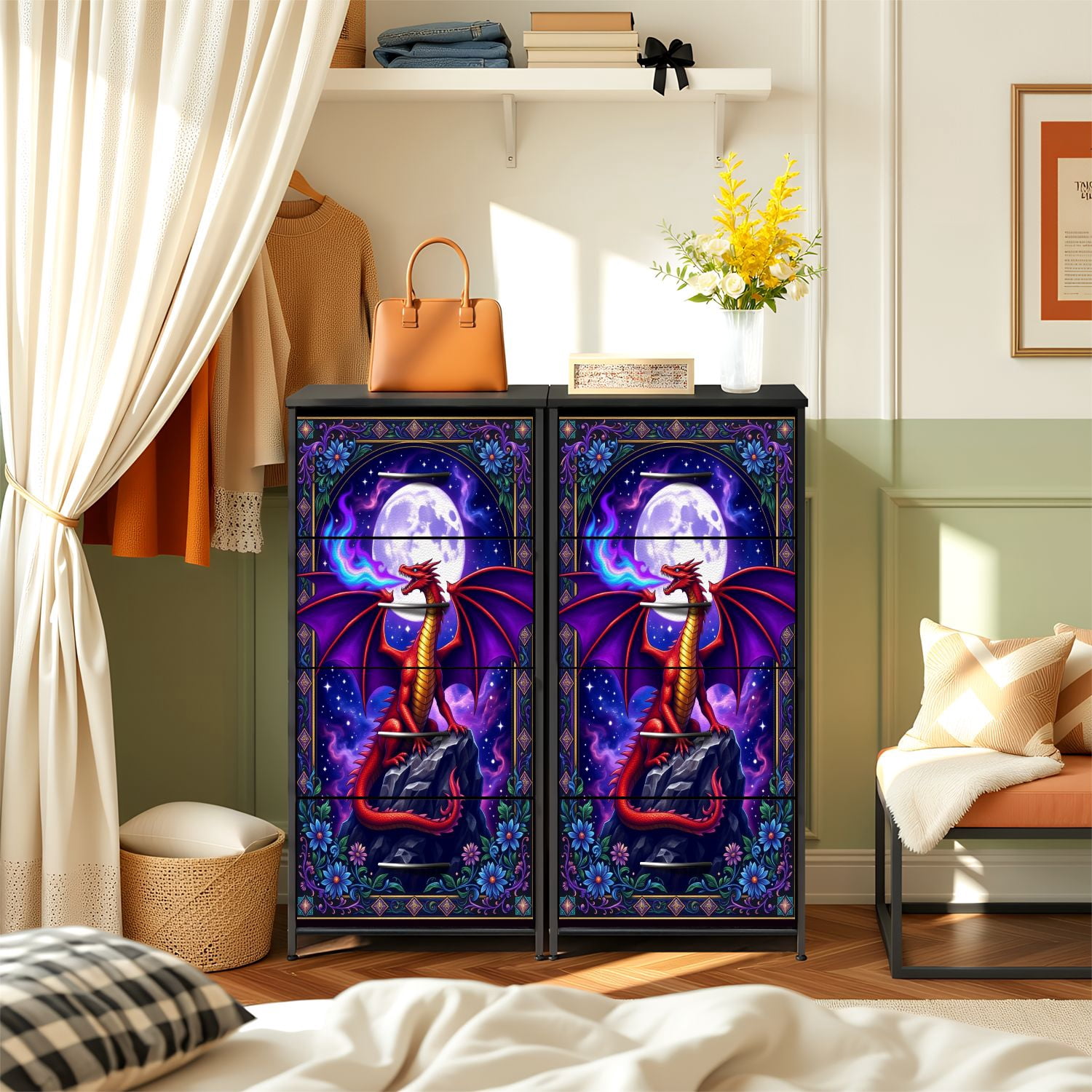 Gothic Dresser for Bedroom with 4 Storage Drawers Majestic Red Dragon Purple Fire Full Moon Ornate Floral Frame Dressers Chest of Drawers Steel Framed Fabric Closet Organizers for Dorm Entryway
