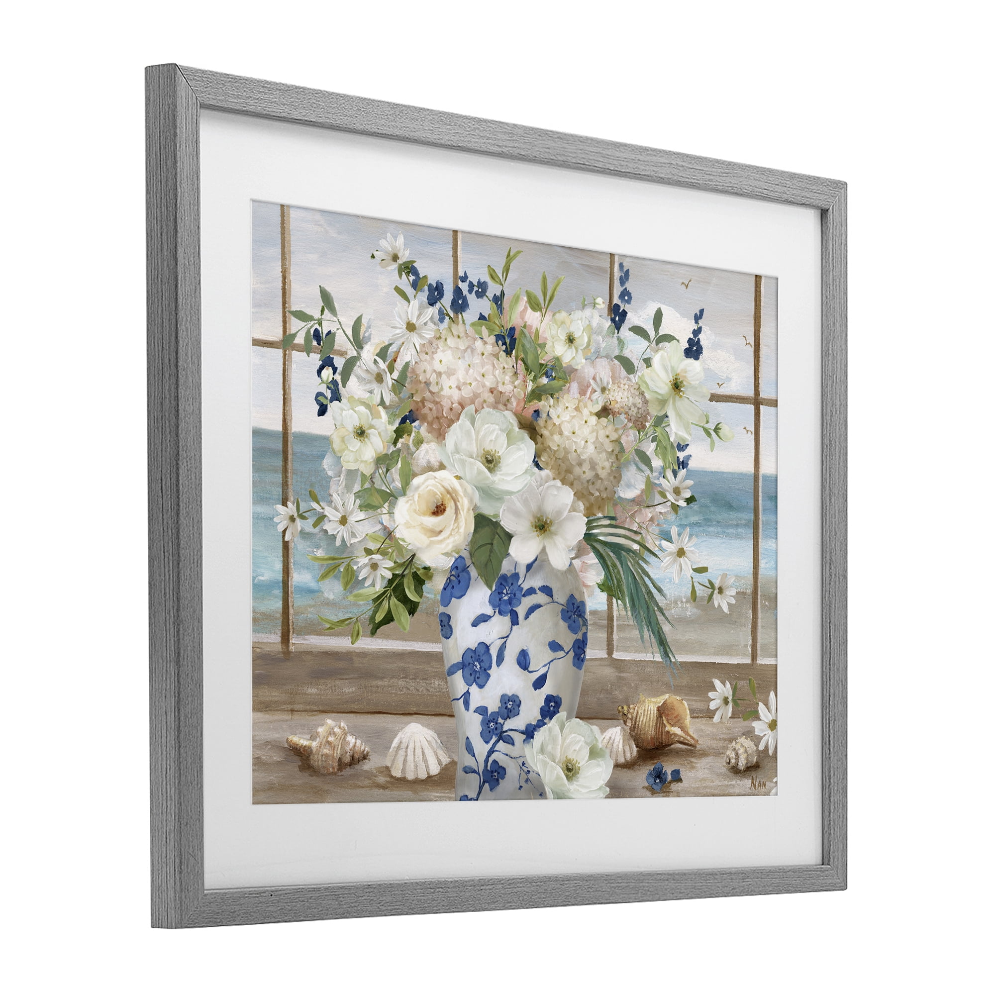 Stupell Industries Seashells & Flowers Windowsill Gray Framed Print Under Glass, design by Nan