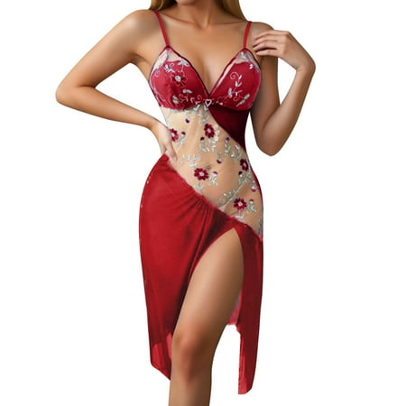 Cute Nightgowns For Women Womens Babydoll Dress Red Lingerie Hollow Irregular Embroidery Flower Nightgowns For Women Sheer Lingerie For Women