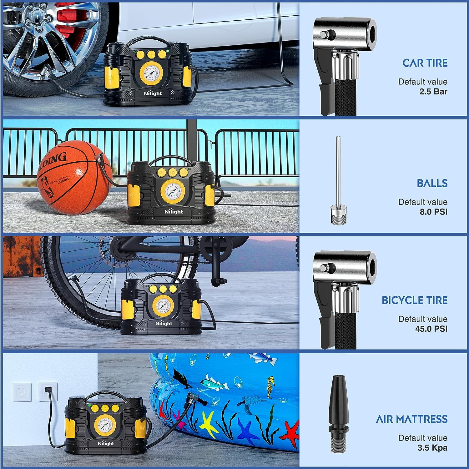 Nilight Tire Inflator Portable Air Compressor Dual Power for Car 12V DC Home 110V AC Tire Pump w/Analog Pressure Gauge Fast Inflate Auto Shutoff Pump for Car SUV Motorcycle Bicycle, 2 Years Warranty