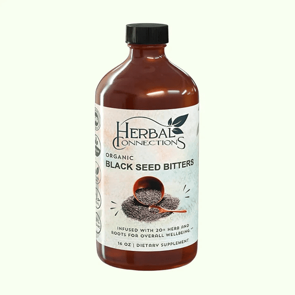 Organic Black Seed Bitters with Maca and Honey - Infused with 20  Herbs and Roots - Vegan and Gluten-Free 16 Ounces
