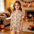 thumbnail image 2 of Kids Halloween Pajamas, Girls Pajama Set Short Sleeve Button Down Silky Satin Boys Girls PJS Kids Sleepwear Soft Summer Nightwear Loungewear Set Halloween Gifts for 9 Months - 13 Years Kids, 2 of 5